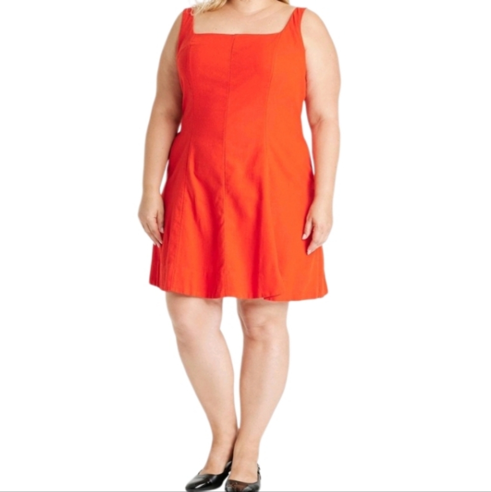 RED LINEN BLEND FIT AND FLARE DRESS SZ 16  NWT